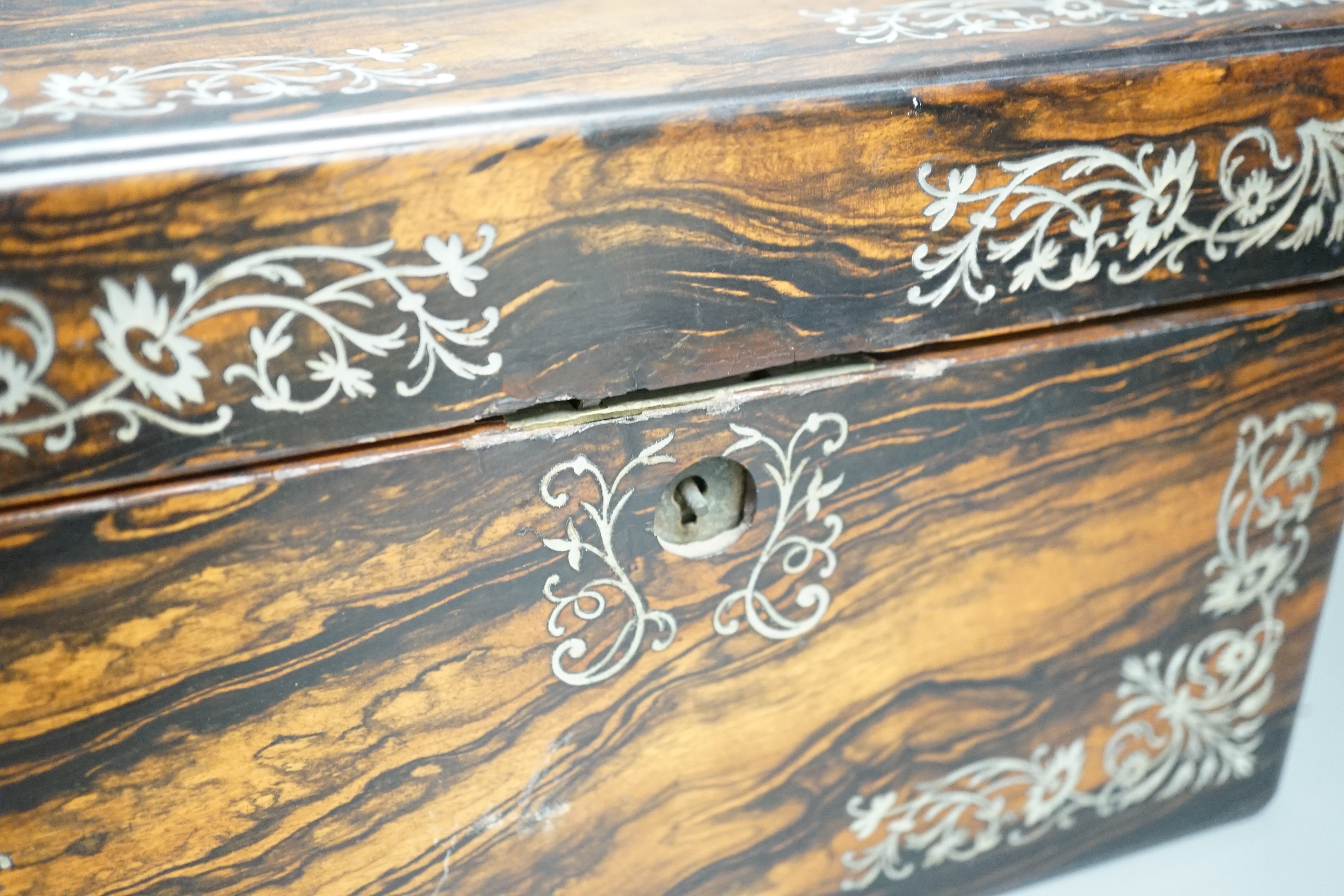 An early Victorian mother of pearl inlaid calamander wood toilet box. Width 28.5cm